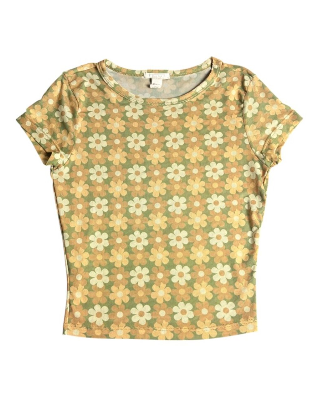 Full Tilt Size S Short Sleeve Mesh Crop Top Green Retro Daisy Floral Semi Sheer